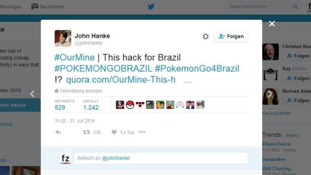 Das gehackte Twitter-Konto von Niantic-Chef John Hanke mit der Botschaft, Pokemon Go nach Brasilien zu bringen