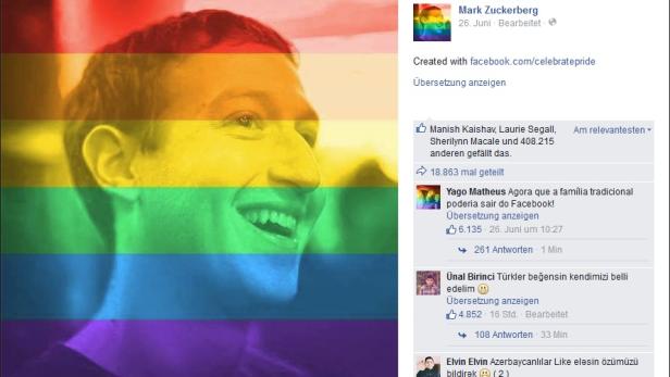 Auch Mark Zuckerberg hat sein Profilbild eingefärbt und feiert so mit vielen anderen Facebook-Usern die Entscheidung des Obersten US-Gerichtshof, die gleichgeschlechtliche Ehe in allen US-Bundestaaten zu erlauben.