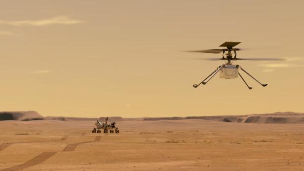 Der Mars-Rover Perseverance in sicherer Distanz zur potenziellen Häckselmaschine Ingenuity