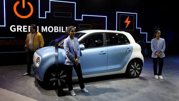 FILE PHOTO: Models pose next to Great Wall Motors (GWM) GWM R1 electric car at its pavilion at the India Auto Expo 2020 in Greater Noida