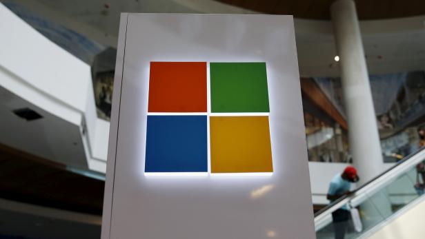 FILE PHOTO: A Microsoft logo is seen at a pop-up site for the new Windows 10 operating system at Roosevelt Field in Garden City