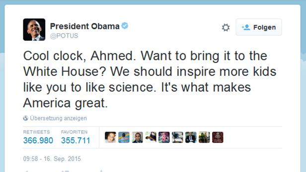 Obamas Tweet an den 14-jährigen Schüler, der wegen einer selbstgebastelten Uhr verhaftet wurde