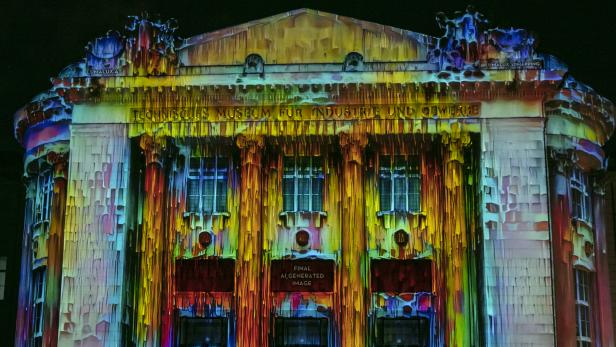 Von KI erstellte 3D-Animation an der Fassade des Technischen Museums Wien