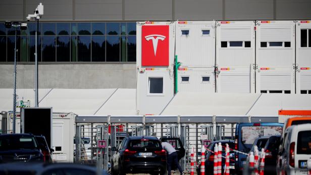 FILE PHOTO: The entrance to the construction site of the future Tesla Gigafactory in Gruenheide