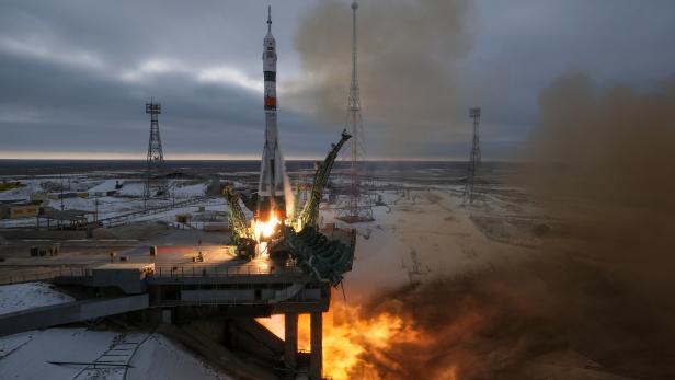 The Soyuz MS-20 spacecraft carrying the International Space Station (ISS) crew blasts off at the Baikonur Cosmodrome