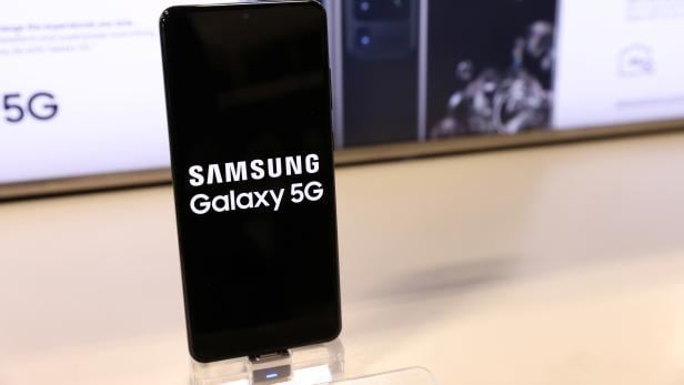 A Samsung Galaxy 5G cell phone is seen displayed in a store in Manhattan, New York City