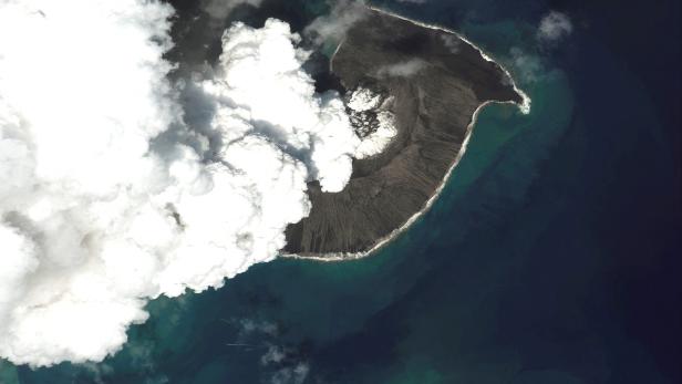 A satellite image shows the Hunga Tonga-Hunga Ha'apai volcano before its main eruption