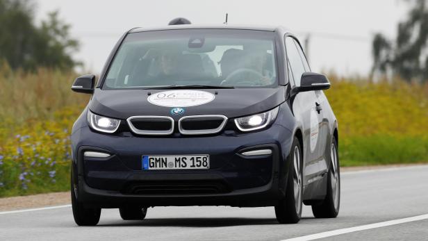 BMW i3 drives during electric car E-Rallye Baltica 2019 near Iecava
