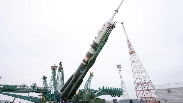The Soyuz-2.1a rocket booster with the Soyuz MS-21 spacecraft is installed at the launchpad at the Baikonur Cosmodrome