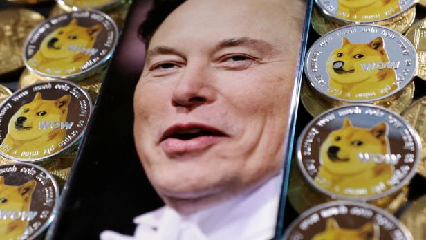 Illustration shows Elon Musk and representations of cryptocurrency Dogecoin