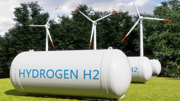 Hydrogen Storage Tanks In Renewable Energy And Wind Turbines In The Forest.