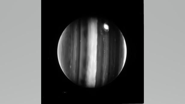 Schwarz-Weiß-Aufnahme von Jupiter des James Webb Weltraumteleskops