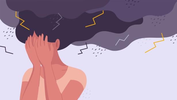 Conceptual stock vector illustration for psychology, mental distress, depression, exhaustion, burn out, fear, anger and mental problems. Stressed, unhappy girl or woman is under a storm of negative emotions with lightning and rain.