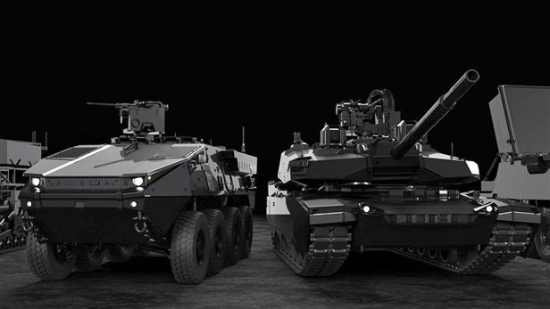 Der StrykerX (links) und AbramsX (rechts) erhalten beide einen Hybrid-Antrieb.