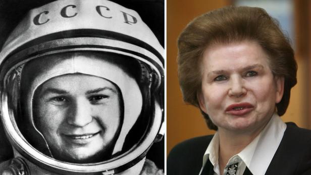 Die erste Raumfahrerin der Welt, die Russin Valentina Tereschkowa - nach ihrer Rückkehr aus dem All (l., Archivfoto vom 19.06.1963) und später (Archivfoto vom 01.03.2007).