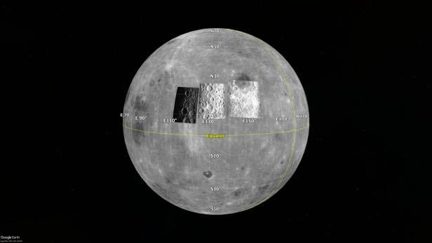 Die 3 Fotos wurden über eine Karte der Mondrückseite gelegt.