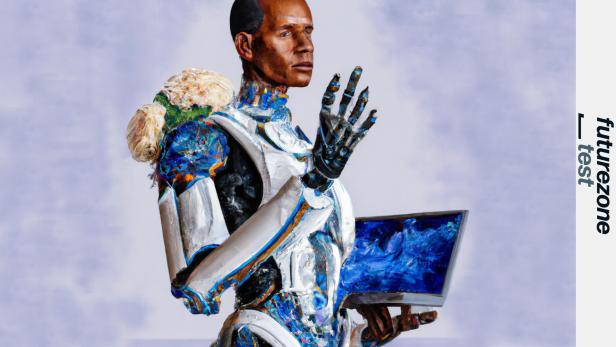 DALL-E Bild: &quot;painting of humanoid robot on computer, in the style of Kehinde Wiley&quot;