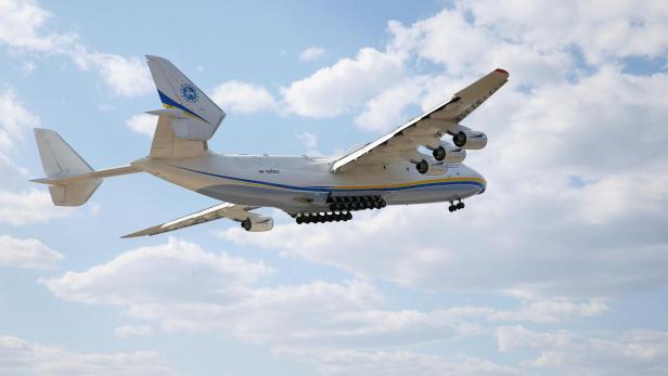 An Antonov An-225 Mriya cargo plane takes off from an airfield in Hostomel