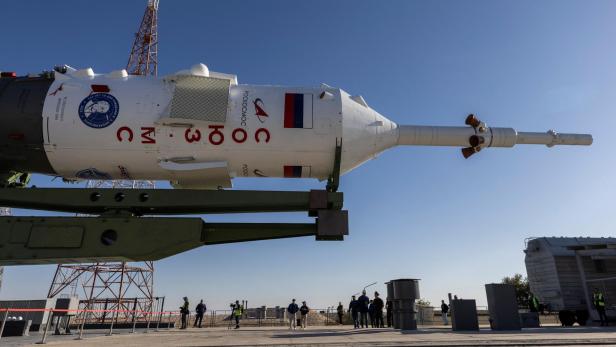 The Soyuz MS-22 spacecraft for the new International Space Station (ISS) crew is transported to the launchpad ahead of its upcoming launch, at the Baikonur Cosmodrome