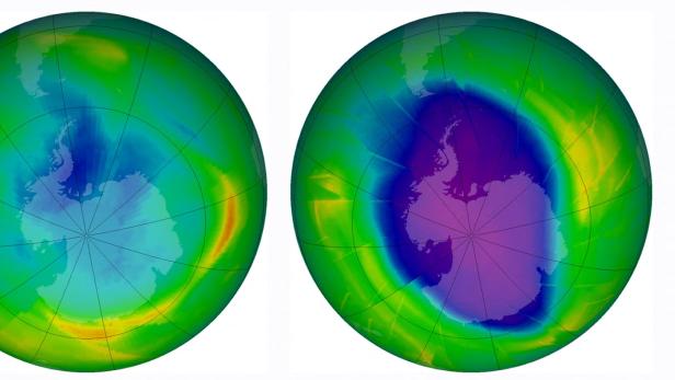 Die Ozonschicht der Erde über der Südhalbkugel 1979 und 2009 - Das Ozonloch schließt sich seither wieder