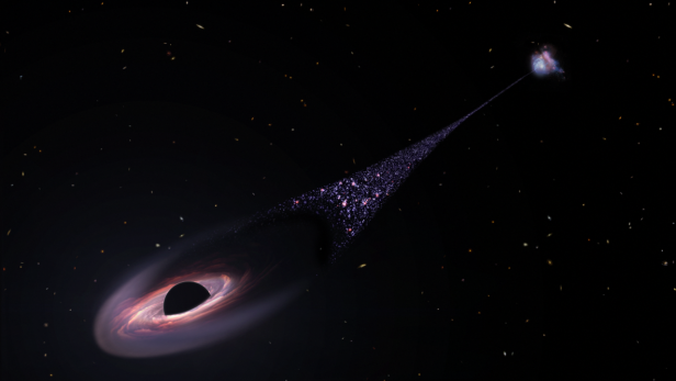 Künstlerische Darstellung des Ausreißer-Schwarzen-Loches, das ein Band aus Sternen hinterlässt