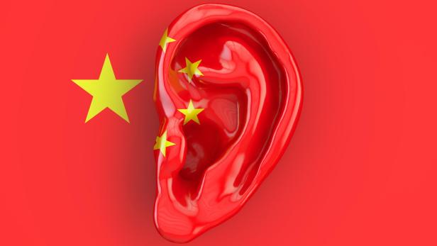 Chinese intelligence concept, ear on the flag of China. 3D rendering