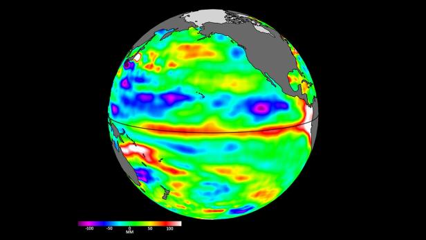 In rot eingezeichnet das wärmere Wasser, das Kelvinwellen in Richtung Südamerika schaufeln
