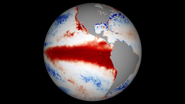 In Rot eingezeichnet das wärmere Wasser, das durch El Nino in Richtung Südamerika geschaufelt wird.