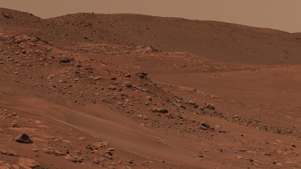 Ausschnitt aus dem detailreichen Panoramabild des Belva-Kraters, das mit Aufnahmen des Perseverance Mars-Rovers entstand