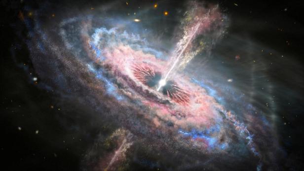 This artist's concept shows a galaxy with a brilliant quasar