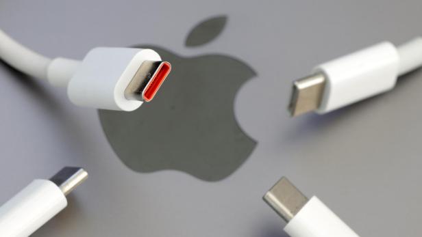 Illustration shows USB-C cables and Apple logo