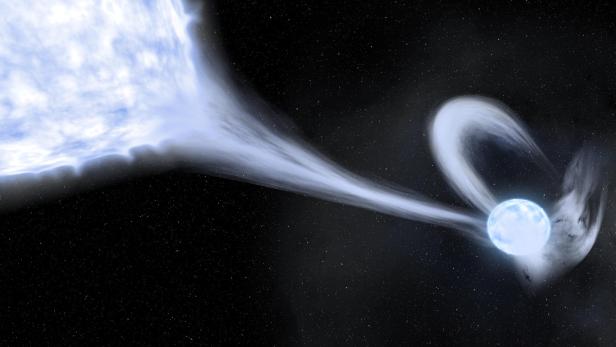Ein Stern saugt die Wasserstoffhülle seines Zwillingssterns ab.