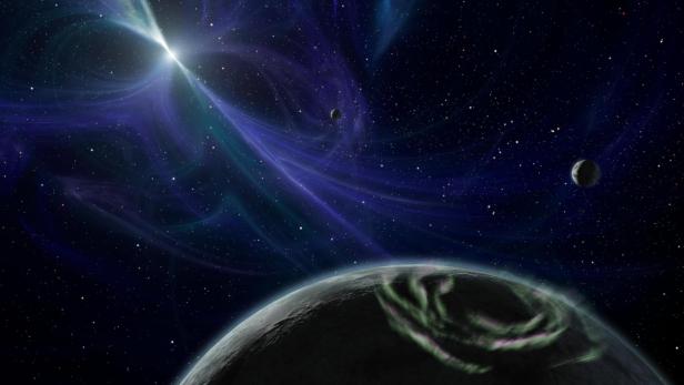 Künstlerische Darstellung: Elektronmagnetische Strahlung eines Pulsars könnte flackernde Polarlichter auf einem Exoplaneten auslösen