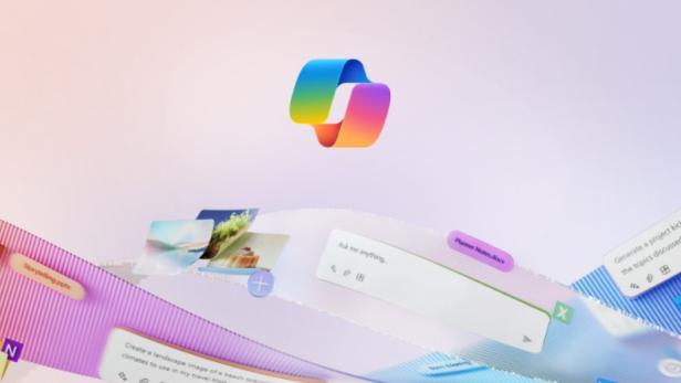 Ein farbenfrohes, geschwungenes Band mit Symbolen und Textfeldern schwebt vor einem hellen Hintergrund, darüber ein Copilot-Logo.