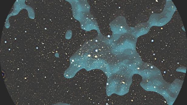 Die grünen Bereiche im Coma-Cluster zeigen, wo Dunkle Materie vermutet wird
