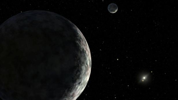 Der Zwergplanet Eris und sein Mond Dysnomia in einer künstlerischen Darstellung
