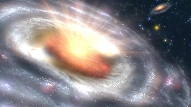 Künstlerische Darstellung eines Quasars im Zentrum einer fernen Galaxie