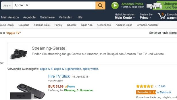 Sucht man auf Amazon nach Apple TV, findet man nur Amazons hauseigene Fire-TV-Produkte