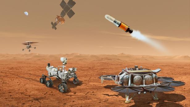 Das &quot;Team&quot; der &quot;Mars Sample Return&quot;-Mission: Perseverance, ein Proben-Helikopter, ein Mars Lander, eine Mars-Rakete und der &quot;Earth Return Orbiter&quot;