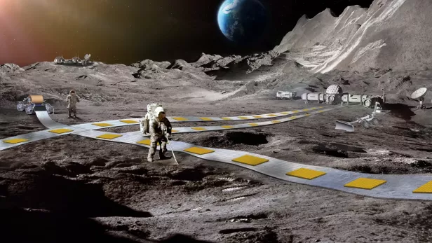 Konzeptdarstellung für den schwebenden Zug am Mond. 