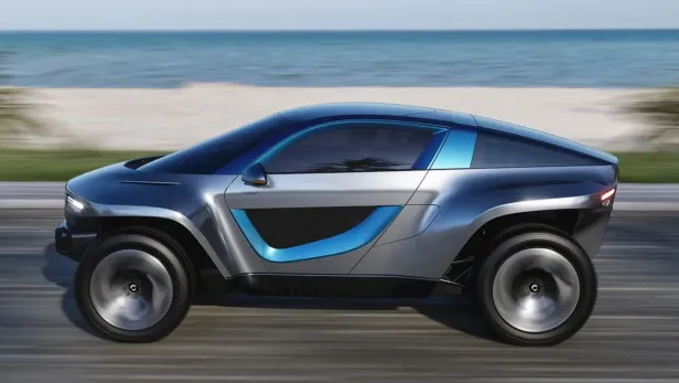 Der E-Buggy besticht durch sein futuristisches Design.