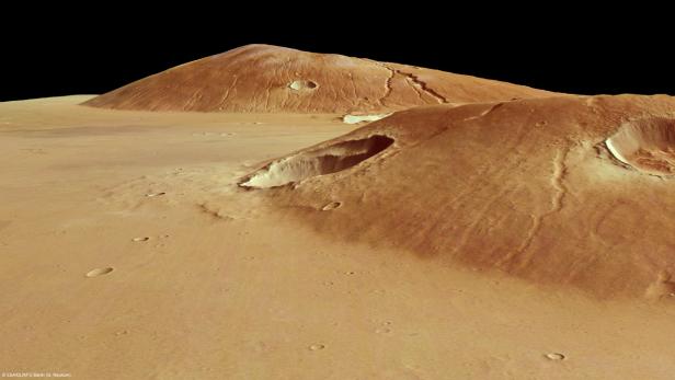 3D-Ansicht der Mars-Vulkane Ceraunius Tholus und Uranius Tholus