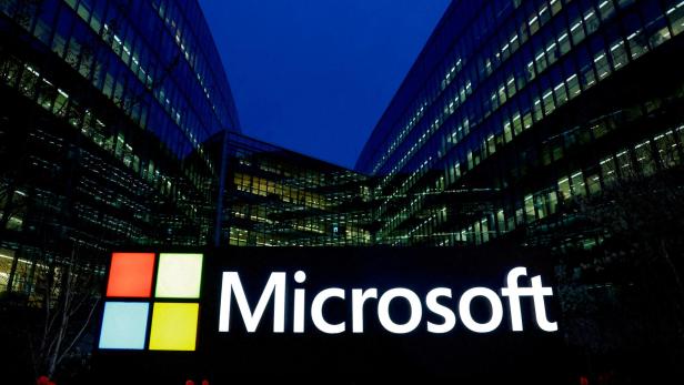 FILE PHOTO: A Microsoft logo is seen in Issy-les-Moulineaux near Paris