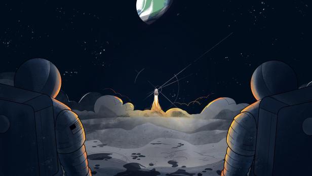 NASA-Illustration aus der &quot;You are going&quot;-Reihe zeigt 2 Astronauten auf dem Mond