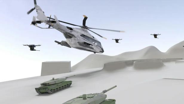 Rendering von futuristischem Airbus-Hubschrauber, der gemeinsam mit Panzern und Drohnen eingesetzt wird