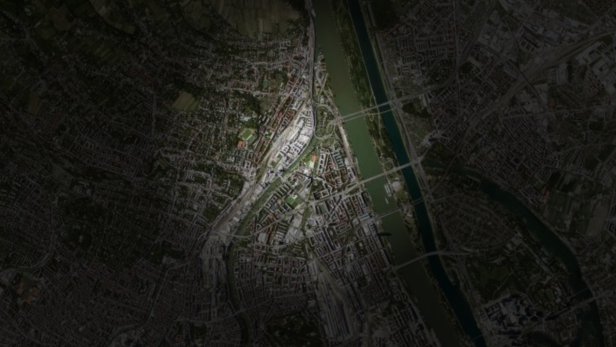 Ein Satellitenbild mit einem hell erleuchteten Bereich.