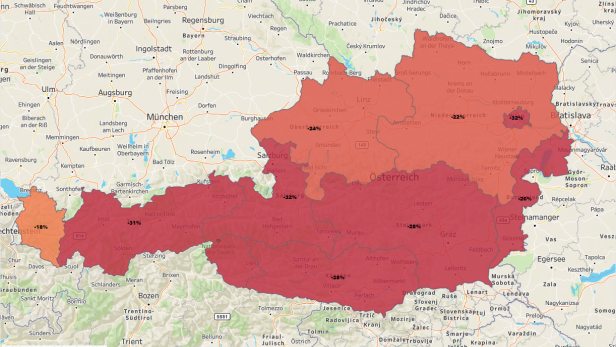 So sah es am Samstag in Österreich aus. Der stärkste Rückgang war am Anfang der Unwetter in Tirol mit 31 Prozent. Im Laufe des Wochenendes veränderte sich die Lage jedoch.