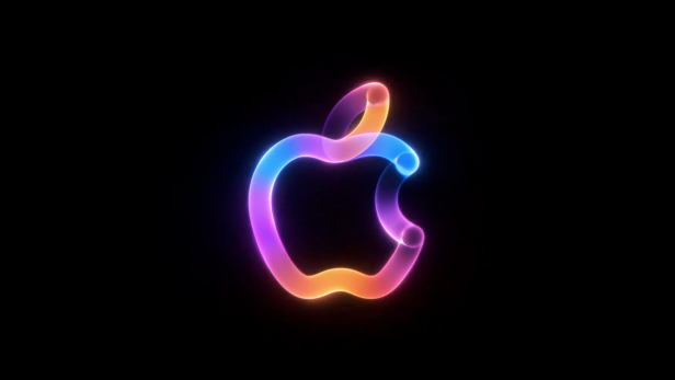 Das Apple-Logo leuchtet in verschiedenen Farben auf schwarzem Hintergrund.