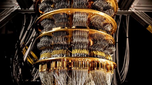 A cryostat refrigerator for cooling quantum computing chips is displayed at Google's Quantum AI lab in Santa Barbara