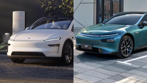 Das neue Tesla Model Y (links) und der Xpeng P7 (rechts)